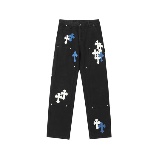 Chrome Hearts White & Blue Leather Cross Patches Jeans