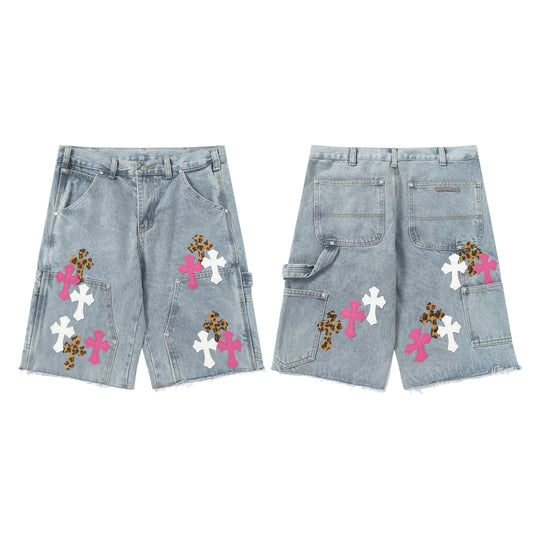 Chrome Hearts Vintage Cross Patchwork Washed Carpenter Denim Shorts 201