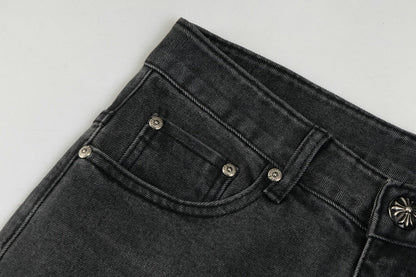 Chrome Hearts Black & White Cross Patch Flame Knee Jeans