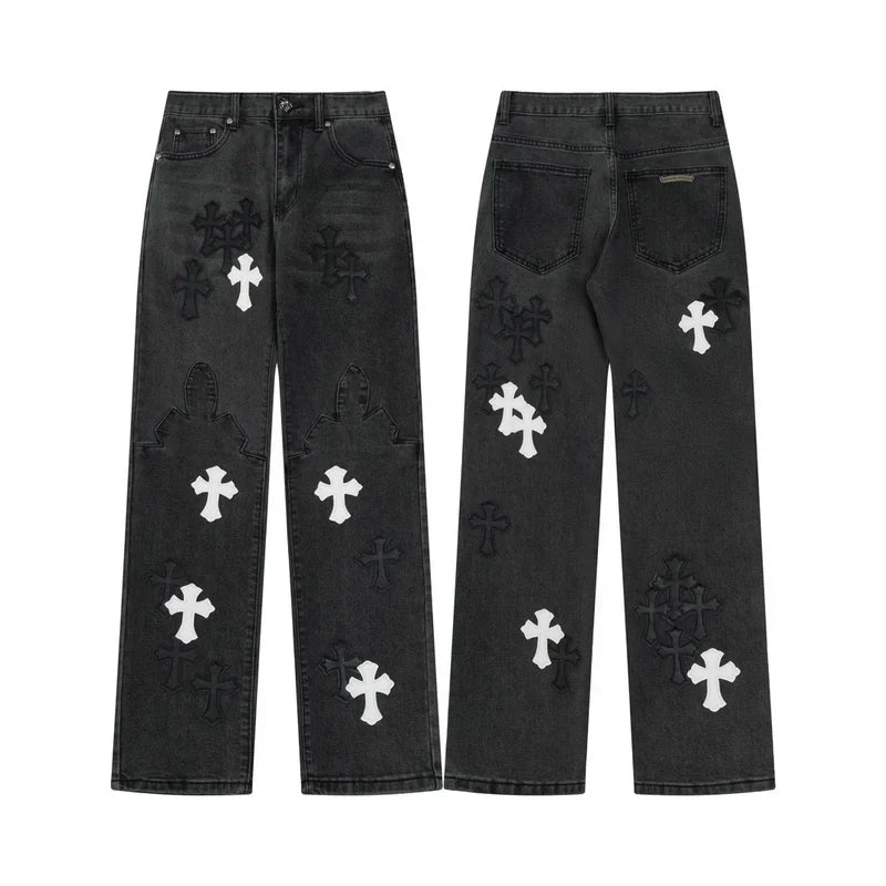Chrome Hearts Black & White Cross Patch Flame Knee Jeans