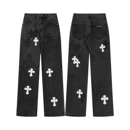 Chrome Hearts Black & White Cross Patch Flame Knee Jeans