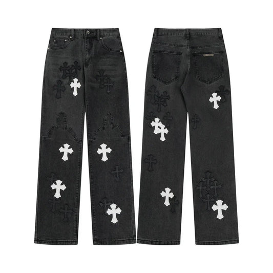 Chrome Hearts Black & White Cross Patch Flame Knee Jeans