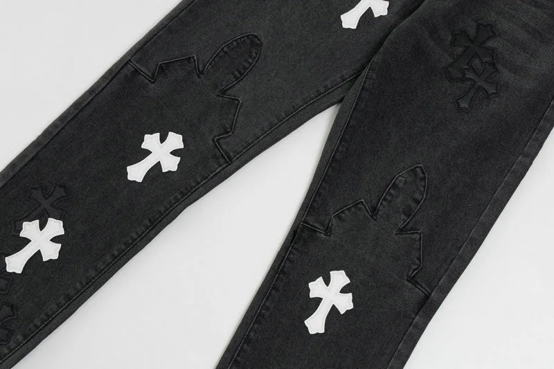 Chrome Hearts Black & White Cross Patch Flame Knee Jeans