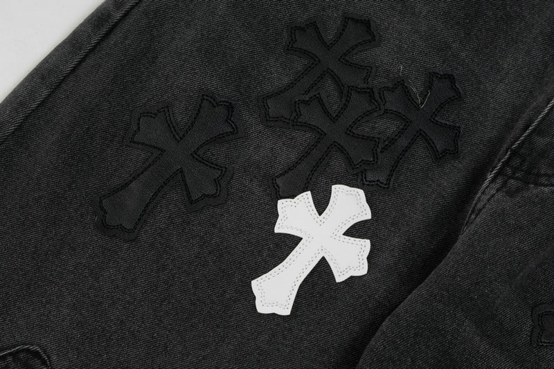 Chrome Hearts Black & White Cross Patch Flame Knee Jeans