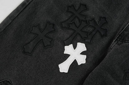 Chrome Hearts Black & White Cross Patch Flame Knee Jeans