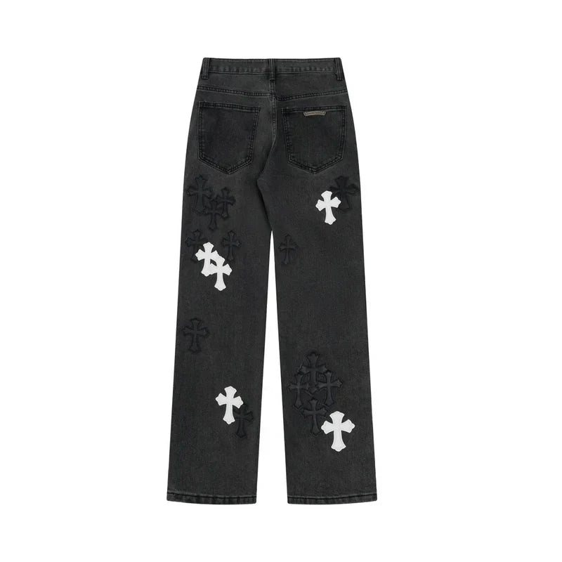 Chrome Hearts Black & White Cross Patch Flame Knee Jeans
