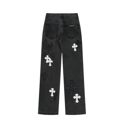 Chrome Hearts Black & White Cross Patch Flame Knee Jeans