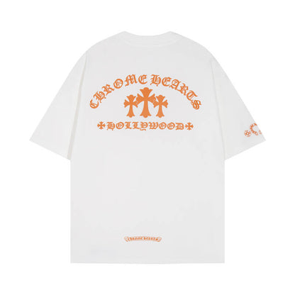 Chrome Hearts Orange Three-Cross Slogan Short Sleeve Tshirt 6129