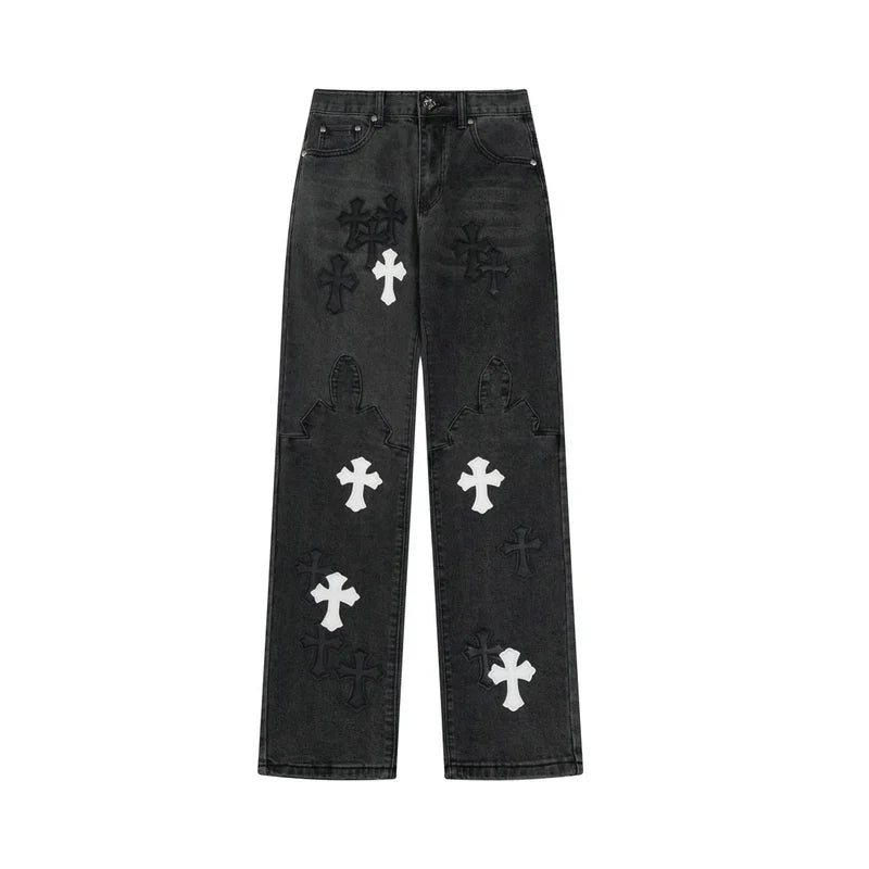 Chrome Hearts Black & White Cross Patch Flame Knee Jeans