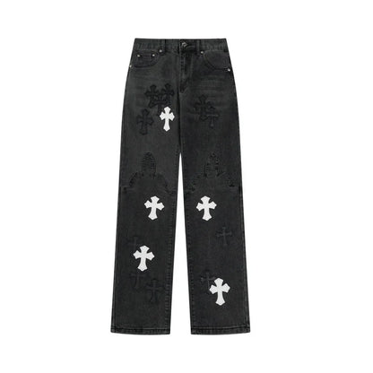 Chrome Hearts Black & White Cross Patch Flame Knee Jeans