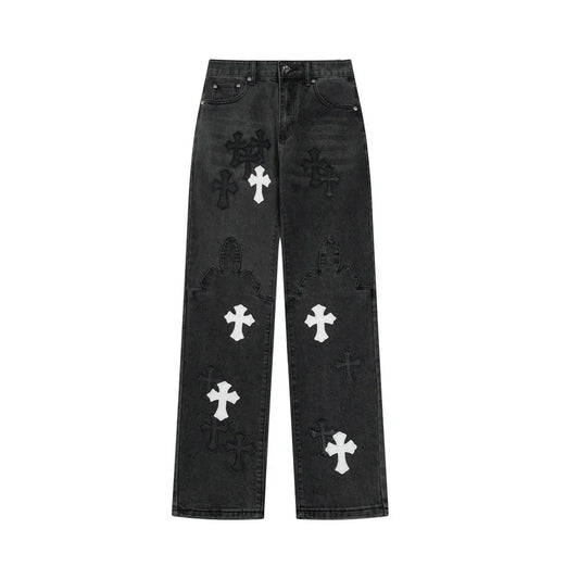Chrome Hearts Black & White Cross Patch Flame Knee Jeans