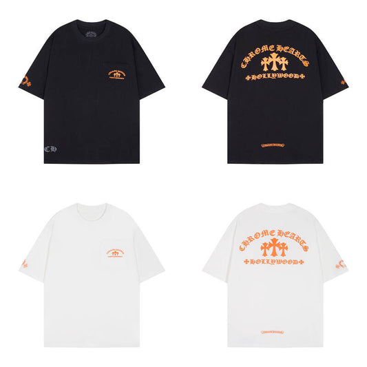 Chrome Hearts Orange Three-Cross Slogan Short Sleeve Tshirt 6129